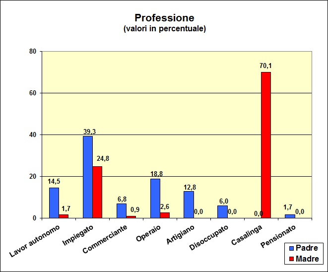 Grafico a colonne che mostra la professione dei genitori degli alunni delle classi prime dell' ITC
