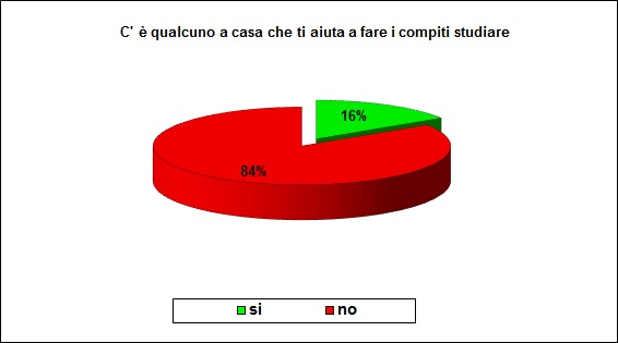 Grafico a torta che mostra se lo studente è aiutato nello studio: sì 16%, no 84%