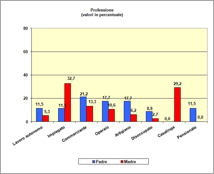 Grafico a barre che individua la professione dei genitori della popolazione scolastica dell’I.T.E.