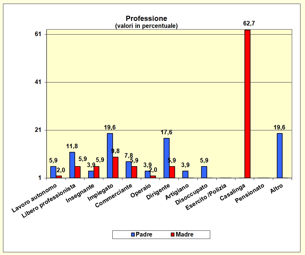 Grafico a barre che individua la professione dei genitori della popolazione scolastica del Liceo
